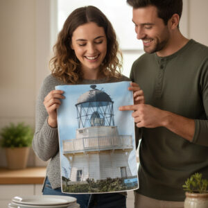 Awhitu Gifts Tea-Towel featuring the Manukau Heads Lighthouse